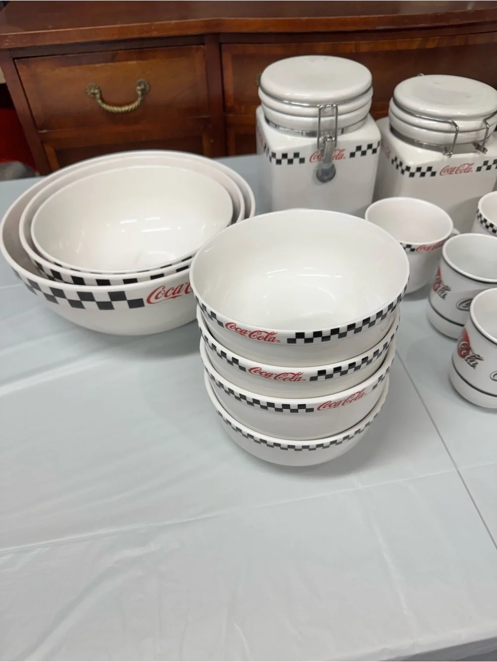Vintage Coca Cola Gibson White Ceramic Dinnerware Set with Black Check Trim